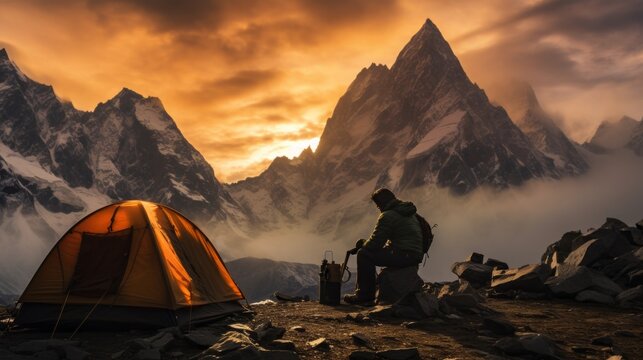 Mountain climbers travelers pitch a tent, camping equipment at the top of the Mountain at sunset. Adventure, Lifestyle, Outdoor Travel, Summer Vacations, Landscape Concepts.