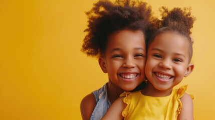 Close up portrait of two cute african american little girls smiling and looking at camera isolated on yellow background. Happy siblings day - obrazy, fototapety, plakaty