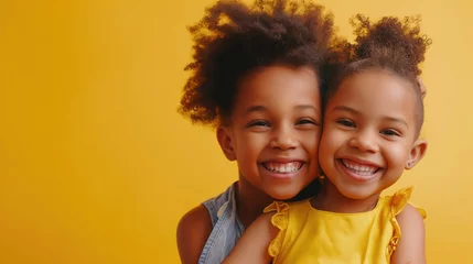 Fotobehang Close up portrait of two cute african american little girls smiling and looking at camera isolated on yellow background. Happy siblings day © Petrova-Apostolova