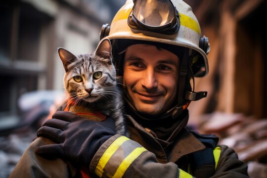 
A cute rescued cat, cradled in the arms of a firefighter in protective gear, its grateful expression captured in a heartwarming close-up, symbolizing hope amidst the devastation of the fire