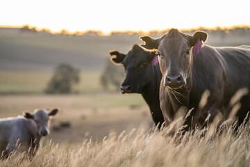 Fat Beef cows grazing on native grasses in a field on a farm practicing regenerative agriculture in...