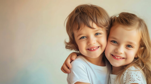 Portrait of a cute little boy and girl smiling at the camera. Happy siblings day