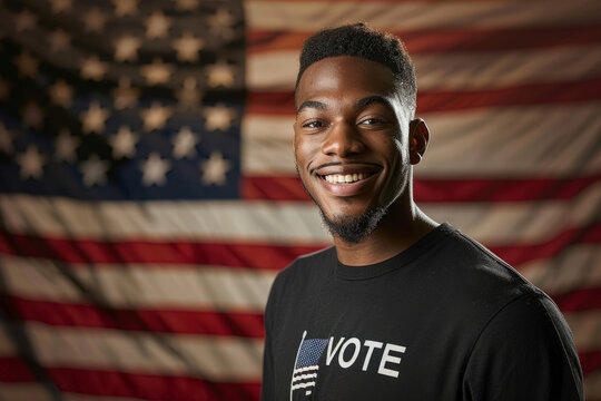 young black male usa American election voter portrait in front of American flag