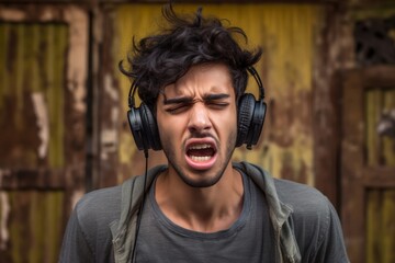 
A young man grimacing while blocking his ears from the cacophony of urban noise pollution, illustrating the global challenge of noise pollution - obrazy, fototapety, plakaty