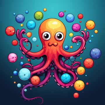 Silly 2D-style octopus juggling colorful balls.
