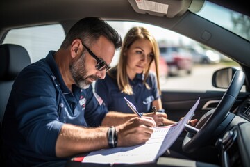 Driving school teacher about traffic rules in the first driving class The examiner sits with the student in the car. Writing points. Driving instructor's writing points.
