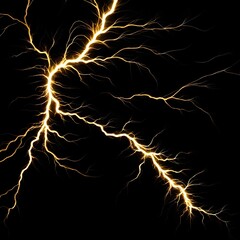 illustration of gold colored lightning bolts in a storm. Black background.