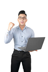 Young Asian man using laptop on white background