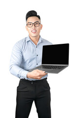 Young Asian handsome man using laptop on white background