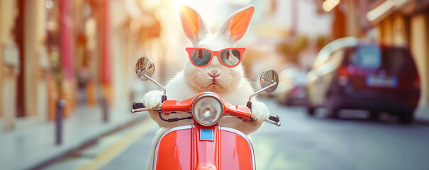 Hip Bunny in Red Sunglasses Riding a Scooter in the City - obrazy, fototapety, plakaty