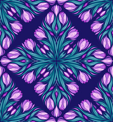 Vector seamless kaleidoscope pattern with crocuses. Surface design with decorative spring flowers on violet background. Floral texture