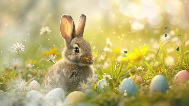 easter bunny with colorful easter egg in grass field with copy space