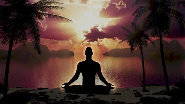 Meditation in yoga lotus position. Silhouette of meditating person during sunset on the beach, sea and palm tree. Seamless