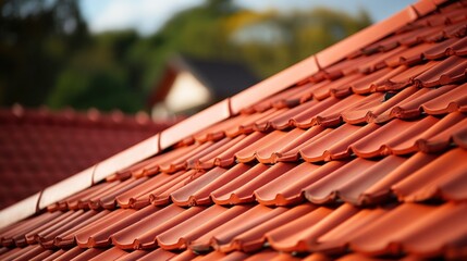 Roof tiles cover the roof of the house with an attic. Red ceramic tiles on the roof floor