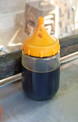 Food soy sauce bottle, taken at close range