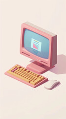 A pink computer with a keyboard and mouse