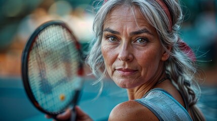 Happy senior woman playing tennis as recreational activity after during their active retirement