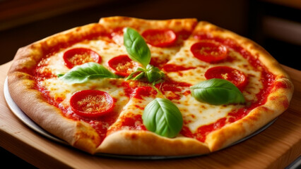 Pizza with mozzarella cheese, tomato and salami.