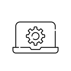  A pixel-perfect editable stroke vector icon featuring a laptop and cogwheel. Seamless settings and customization 
