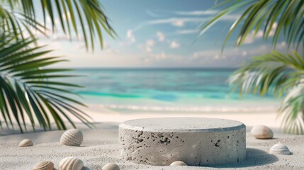 Summer products displayed on a stone plinth at a tropical sea beach. Sandy beach with palm trees and blue sea background - obrazy, fototapety, plakaty
