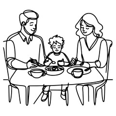 Continuous one black line art drawing happy family father and mother with child. having dinner sitting at table doodles style vector illustration on white background