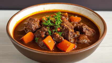Beef Bourguignon with carrot and parsley in a bowl