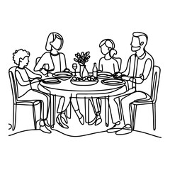 Fototapeta premium Continuous one black line art drawing happy family father and mother with child. having dinner sitting at table doodles style vector illustration on white background