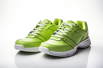 A pair of green tennis shoes on a white background. Generated by artificial intelligence