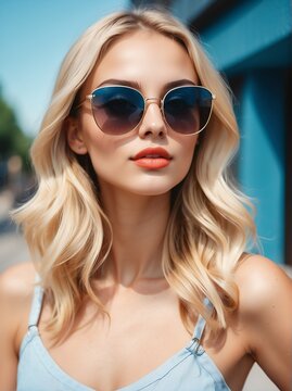 A portrait of attractive and charming young blonde woman with sunglasses outdoors from Generative AI
