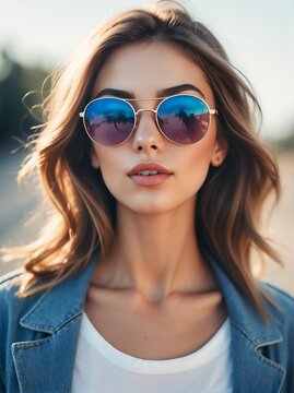 A portrait of attractive and charming young caucasian woman with sunglasses outdoors from Generative AI