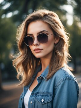 A portrait of attractive and charming young caucasian woman with sunglasses outdoors from Generative AI