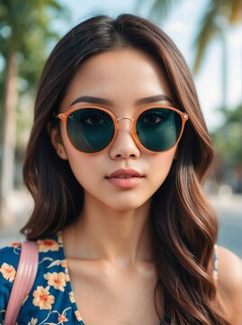 A portrait of attractive and charming young filipina woman with sunglasses outdoors from Generative AI