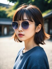 A portrait of attractive and charming young japanese woman with sunglasses outdoors from Generative AI