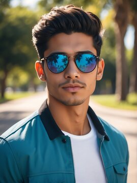 A portrait of handsome and charming young hispanic man with sunglasses outdoors 8 from Generative AI