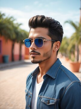 A portrait of handsome and charming young hispanic man with sunglasses outdoors from Generative AI