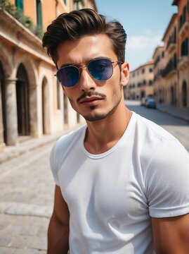 A portrait of handsome and charming young italian man with sunglasses outdoors from Generative AI