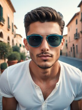 A portrait of handsome and charming young italian man with sunglasses outdoors from Generative AI