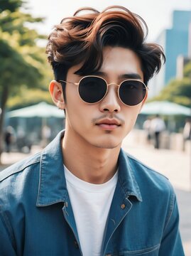 A portrait of handsome and charming young korean man with sunglasses outdoors from Generative AI
