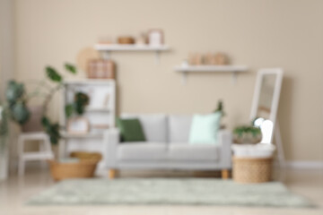 Light interior of comfortable living room with sofa, houseplants and shelving unit, blurred view