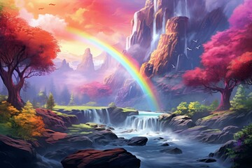 Vibrant Mountain rainbow nature. Sky sun. Generate Ai