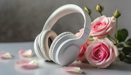 白いヘッドホンとピンクの花