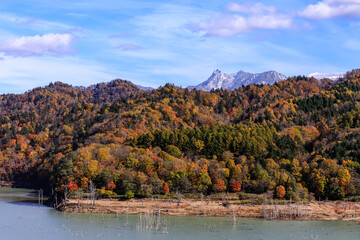 Fototapeta na wymiar 北海道夕張市、うっすら雪化粧の夕張岳とシューパロ湖の紅葉【10月】
