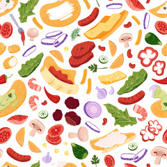 Shawarma ingredients repeating pattern. Different vegetables, meat, tortilla, onion on wrapping print. Various fast food on endless wallpaper. Cooking doner kebab. Flat vector seamless illustration