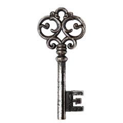 Ornate Silver Key with Elegant Scrollwork, Isolated on Transparent Background, Generative AI