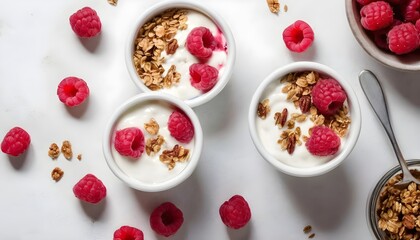 Fototapeta na wymiar Greek yogurt with raspberries and granola. Top view flat lay Healthy breakfast