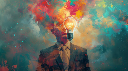 A psychedelic art piece featuring a businessman a light bulb symbolizing creativity and elements that encapsulate the essence of marketing and network - obrazy, fototapety, plakaty