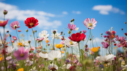A colorful meadow of wildflowers under the blue sky