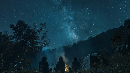 A group of friends camping under a starry night sky,