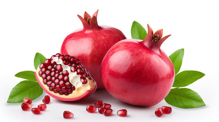 Fresh ripe pomegranate with green leaves isolated on white background.