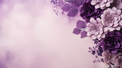 Naklejka na ściany i meble Beautiful delicate purple flowers on a purple background. Abstract layout of a colored frame with space for text. An invitation to a wedding. The concept of International Women's Day, Mother's Day.